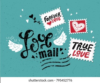 Love mail, hand-drawn lettering. The inscription Love in the style of a postage stamp. Stamps with hand-drawn love quotes: share the love, with all my heart, be mine