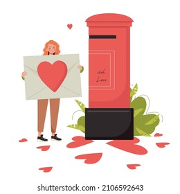 Love Mail. Happy Woman Holding Giant Romantic Love Letter With Red Heart. Valentine's Day Envelope For Him Of Her Vector Illustration. Romantic Holiday Valentine Day Post, Or Gift Card Invitation.