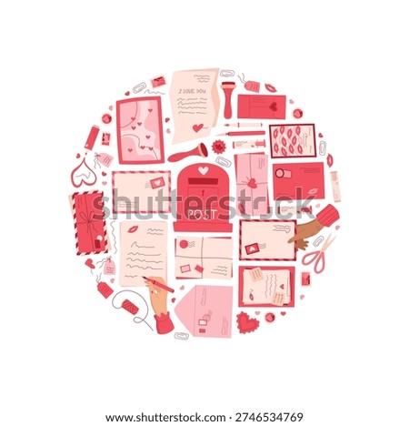 Love mail heart envelope flat cartoon graphic style. Card, message, postcard and box in a circle composition. Postcard letter envelope concept for romantic correspondence, creative holiday greeting,