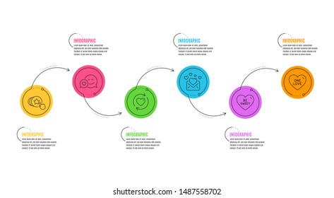 Love mail, Hold heart and One love signs. Infographics timeline. Update relationships, Be sweet and Dating line icons set. Valentines letter, Sweet heart. Love set. Layout timeline. Vector