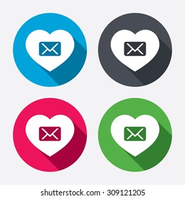 Love Mail icon. Envelope symbol. Message sign. Mail navigation button. Circle buttons with long shadow. Vector