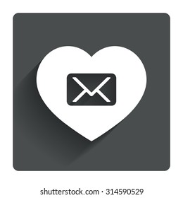 Love Mail icon. Envelope symbol. Message sign. Mail navigation button. Gray flat square button with shadow. Modern UI website navigation. Vector