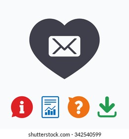 Love Mail icon. Envelope symbol. Message sign. Mail navigation button. Information think bubble, question mark, download and report.