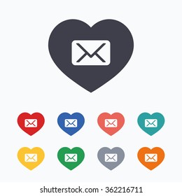 Love Mail icon. Envelope symbol. Message sign. Mail navigation button. Colored flat icons on white background.