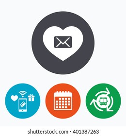 Love Mail icon. Envelope symbol. Message sign. Mail navigation button. Mobile payments, calendar and wifi icons. Bus shuttle.