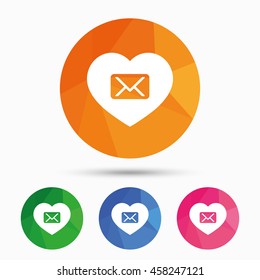 Love Mail icon. Envelope symbol. Message sign. Mail navigation button. Triangular low poly button with flat icon. Vector