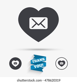 Love Mail icon. Envelope symbol. Message sign. Mail navigation button. Flat icons. Buttons with icons. Thank you ribbon. Vector