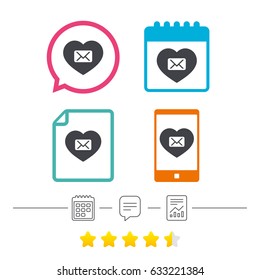 Love Mail icon. Envelope symbol. Message sign. Mail navigation button. Calendar, chat speech bubble and report linear icons. Star vote ranking. Vector