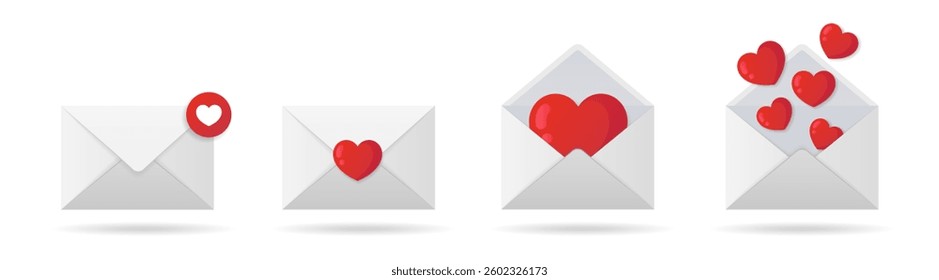Love mail icon set. Mail envelope icon set with flying hearts and marker new message isolated on transparent background. Happy valentine day message in love concept