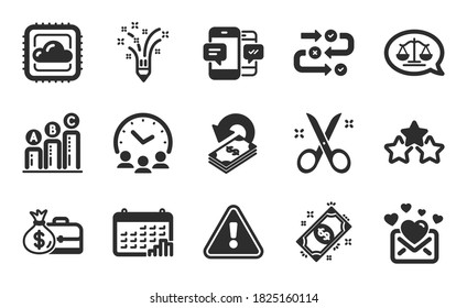 Love mail, Meeting time and Cloud computing icons simple set. Cashback, Smartphone sms and Salary signs. Survey progress, Graph chart and Inspiration symbols. Flat icons set. Vector