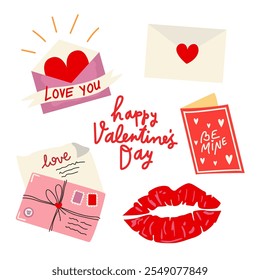 Love mail, love messages and letters. Valentine’s day elements vector retro cartoon set. Valentine's day, wedding and love concept. Perfect for stickers and greeting cards