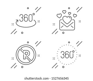 Love mail, No parking and Full rotation line icons set. 360 degrees sign. Valentines letter, Car park, 360 degree. Panoramic view. Business set. Line love mail outline icon. Vector