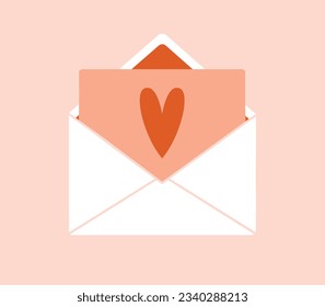 Love mail. Open envelope and love letter. Flat illustration with postal element, post office, heart, paper. Retro vintage concept with place for text for valentines card.
