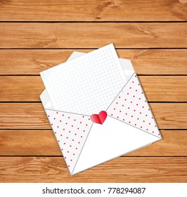 Love mail. Opened envelope with empty blank and  heart stamp on wooden background. Vector illustration, border, template with copy space.