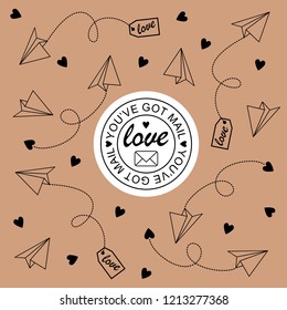 Love mail pattern, ornament, background. Vector illustration with paper planes, hearts, dotted lines, stamp.