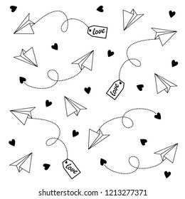 Love mail pattern, ornament, background. Vector illustration with paper planes, hearts, dotted lines.