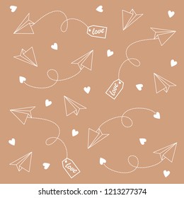Love mail pattern, ornament, background. Vector illustration with paper planes, hearts, dotted lines.