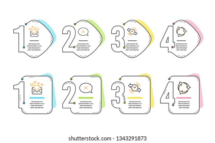 Love mail, Reject and Timer icons simple set. Recycle sign. Valentines letter, Delete message, Stopwatch. Recycling waste. Technology set. Infographic timeline. Line love mail icon. 4 options or steps