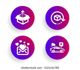 Love mail, Return package and Send box icons simple set. Halftone dots button. Parking security sign. Valentines letter, Exchange goods, Delivery package. Video camera. Technology set. Vector