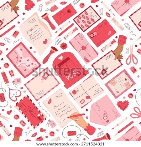 Love mail seamless pattern doodle background with heart, envelope, note and card elements. Message and postbox in seamless background. Perfect for mail themed paper or card creative template.