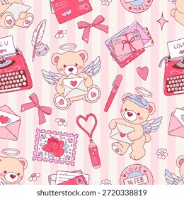 Patrón sin fisuras del correo del amor, papel digital dibujado a mano del correo del día de San Valentín, Vector romántico de moda del diseño del patrón de la repetición de San Valentín
