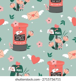 Patrón sin fisuras del correo del amor con los corazones alados, sobre, flores, buzón y soporte del poste. Objetos románticos en colores rosa, verde, gris sobre fondo azul. Ilustración vectorial de San Valentín.