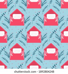 Love mail with Valentine card seamless pattern. Love you paper card envelope. Romantic holiday Valentine Day poster or greeting card. Gift card invitation. Happy valentines day greeting.