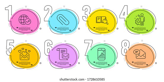 Love mail, World statistics and Graph phone signs. Timeline steps infographic. Mail letter, Search book and Employee line icons set. Paper clip symbol. Read e-mail, Online education. Vector