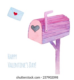 Love mailbox. Happy Valentine's day greeting card. Romantic watercolor illustration with post box and cute missive.