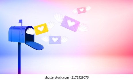 Love mails flying to the mail box. 3d vector banner with copy space