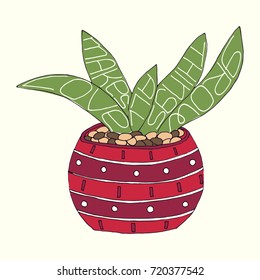 Love makes all things grow lettering. Stock vector illustration of hand drawn phrase in a shape of succulent plant in a pot. Cute colorful style