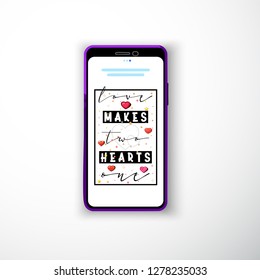 Love makes two hearts one. Smartphone flat style as a template for social networks and stories