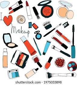 I love makeup - make-up products vector illustration set, colorful background in line art style
