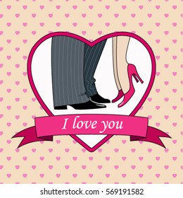 Love. Male and female legs during a kiss on a date. Valentine's Day. Wedding. Beautiful greeting card, invitation, greetings. Vector illustration.