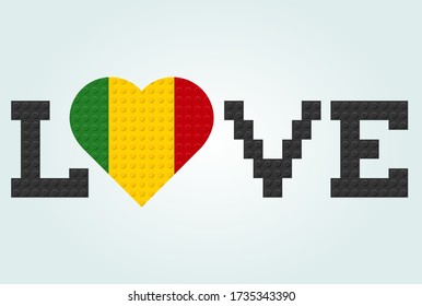 Love Mali Text. Flag in heart. From plastic building toy bricks or blocks. Vector illustration.