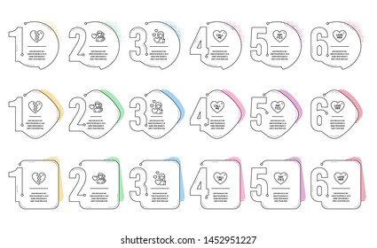 Love, Man love and Break up line icons set. Infographic timeline. Say yes, Call me signs. Romantic people, Divorce, Wedding. Sweetheart. Love set. Steps or options template. Vector
