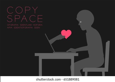 In love man chat of internet cyber fall in love long distance dark editions concept idea, laptop and hand holding heart illustration isolated on black color background, with copy space