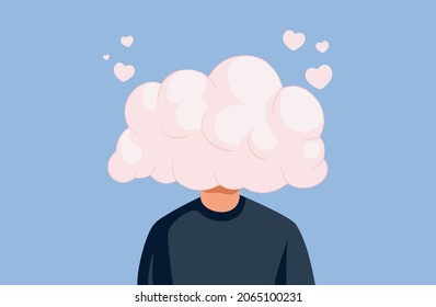 In Love Man with Head in the Clouds Vector Cartoon Illustration. Person feeling loving emotion like being on could nine
