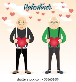I love a man with a heart in his hands.Man love.Character of man in various poses about love.Flat design. Funny cartoon hero. Valentine's Day.Cute bald man. Valentine's Day Card. Vector illustration.