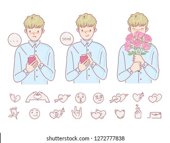 Love man holding flowers hands male. Feelings of fulfillment and disappointment. Using the phone to send messages. icon for the love set. vector design of hand drawn style. cartoon illustrations.