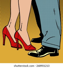 The love of a man and a woman dance hugs pop art comics retro style Halftone. Imitation of old illustrations. Bubble for text