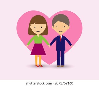 Love. A man and a woman holding hands against the background of a heart. Flat style.