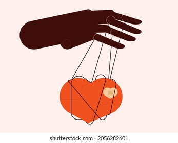 Manipulación del amor. Corazón en cadenas manipuladoras, concepto de marioneta de relación. Diseño plano de ilustración de Vecrot.