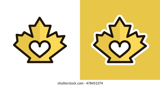 Love Maple Leaf logo, icon, sign. Isolated on an orange background. Logo theme of autumn