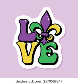 Love Mardi Gras sticker, groovy style word, t-shirts graphic, banner, poster, card, vector illustration