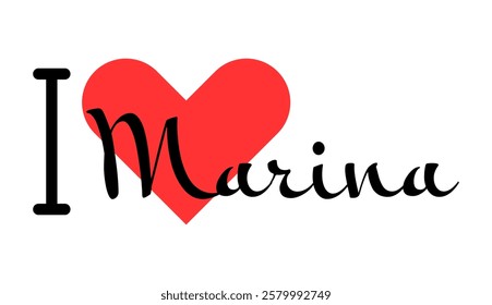 I love Marina, city of Egypt. Hand drawn letters with red heart. Vector illustration lettering, modern design for print t shirt, banner, poster, sticker or label.