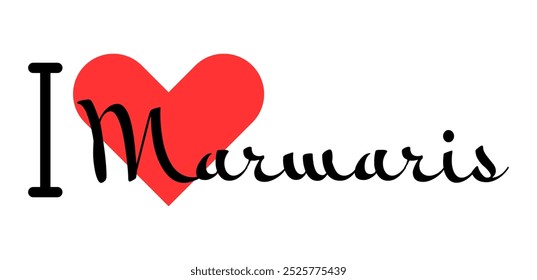 Me encanta Marmaris, ciudad de Turquía. Letras dibujadas a mano con corazón rojo. Letras de Ilustración vectorial, diseño moderno para imprimir camiseta, Anuncio, póster, pegatina o etiqueta.