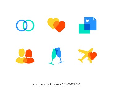 Love and marriage - flat design style icons set. High quality collection with colorful images of wedding rings, two hearts, letters, male and female, glasses, plane. Online dating concept