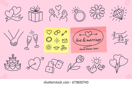 Love & marriage hand drawn icons. Full vector illustrations with editable strokes.