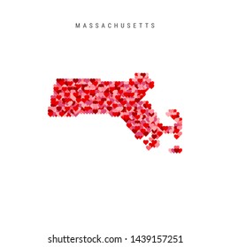 I Love Massachusetts. Red and Pink Hearts Pattern Vector Map of Massachusetts Isolated on White Background.